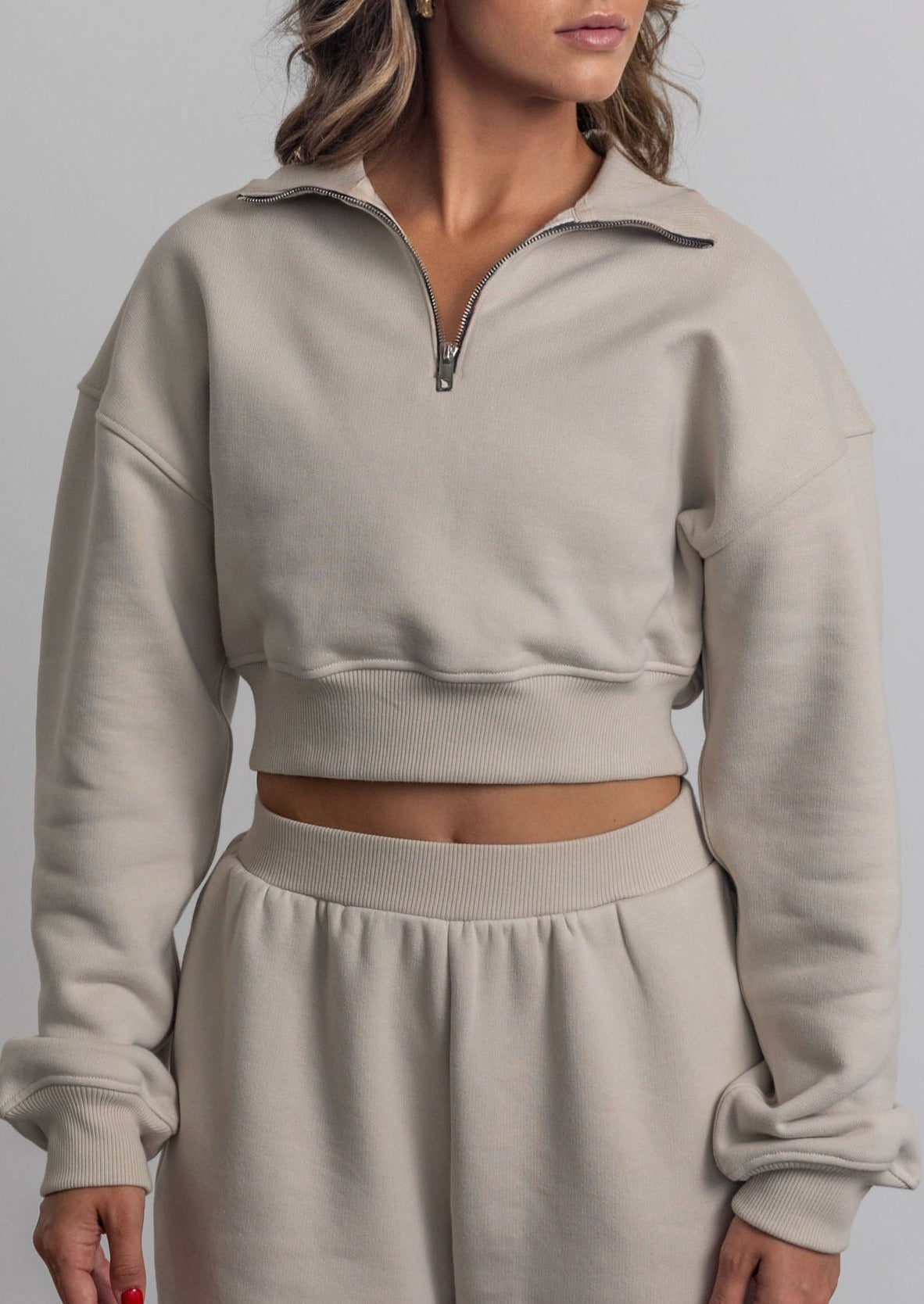 THE MONACO CROPPED HALF-ZIP SWEATSHIRT IN BEIGE