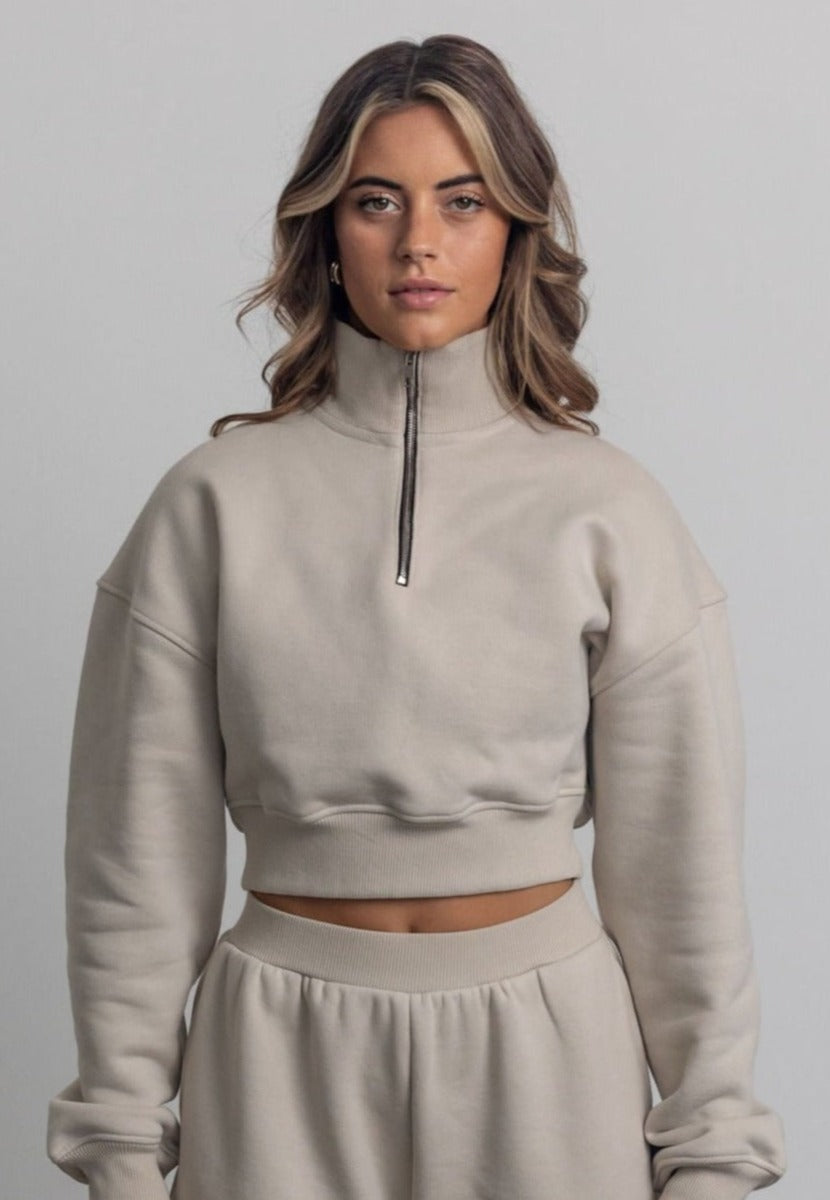 THE MONACO CROPPED HALF-ZIP SWEATSHIRT IN BEIGE