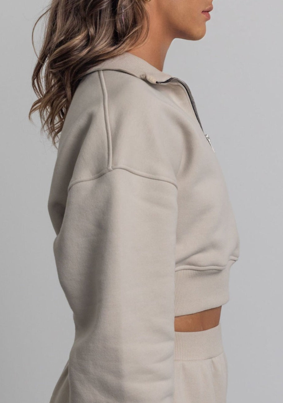 THE MONACO CROPPED HALF-ZIP SWEATSHIRT IN BEIGE