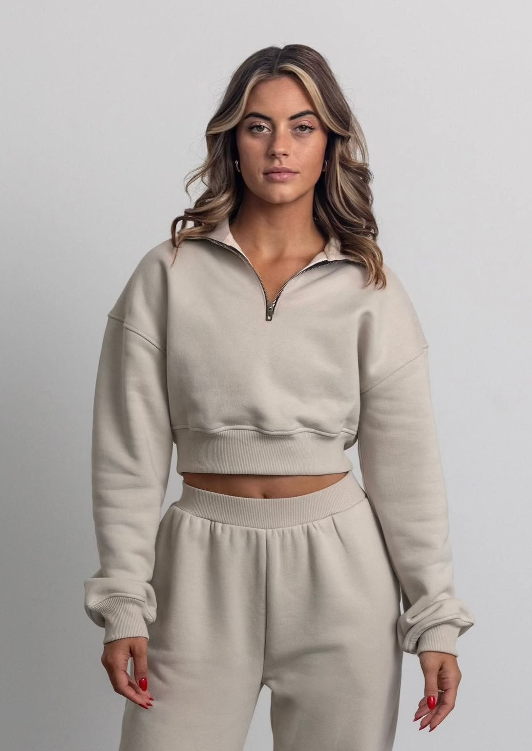 THE MONACO CROPPED HALF-ZIP SWEATSHIRT IN BEIGE